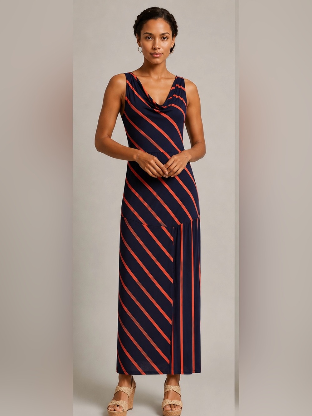 🧡💙 Fraiche by J Navy & Coral Stripe Maxi Dress | Size Small